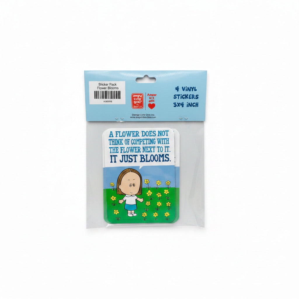 Packaged sticker with cartoon girl and quote about flowers on a blue background