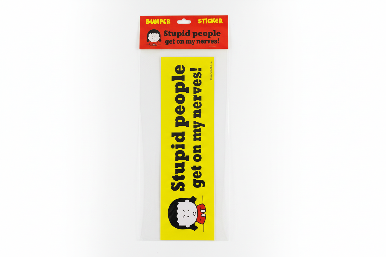 Yellow bumper sticker with text and a cartoon character in packaging on a white background