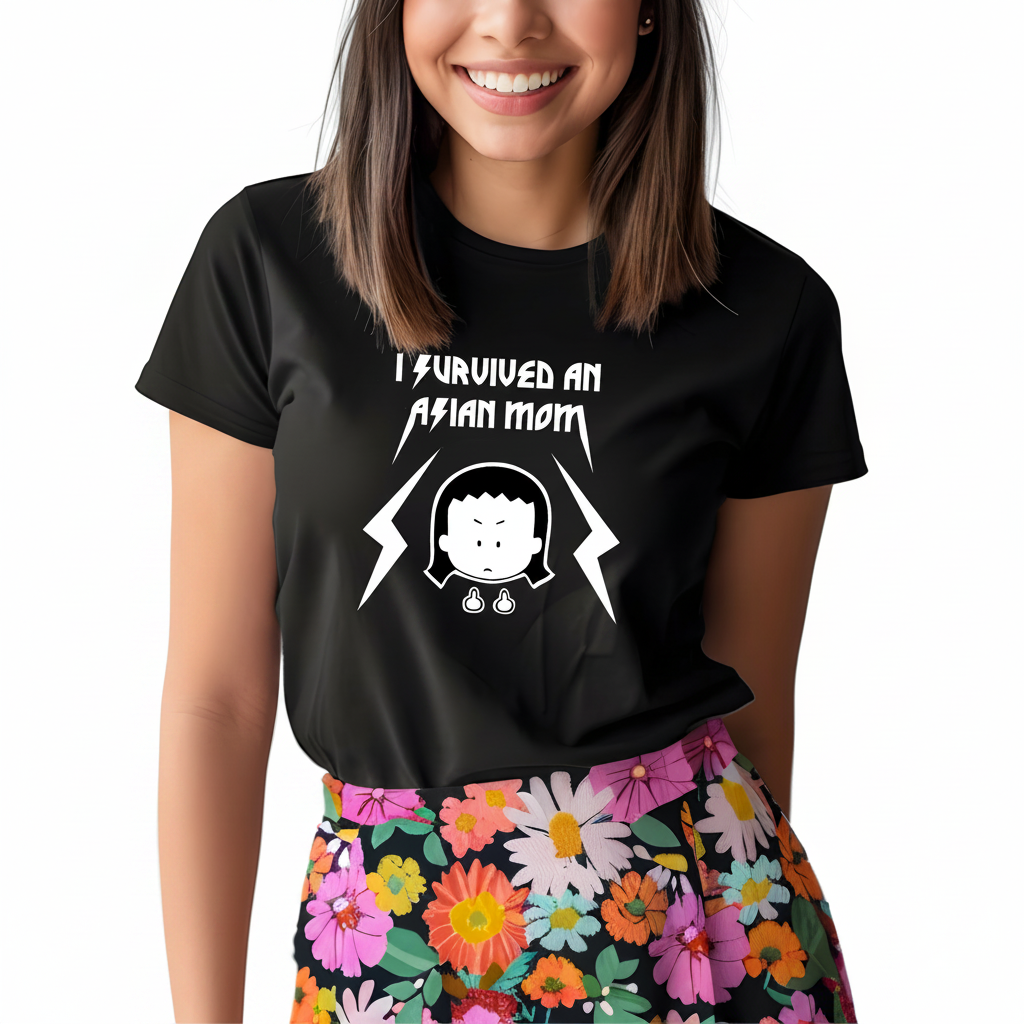 A person wearing a black t-shirt with the text 'I Survived an Asian Mom' and a graphic of a cartoon character.