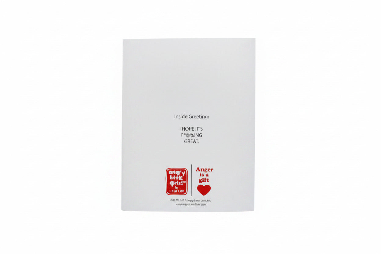 Greeting card with text and 'Angry Girl' logo on a white background