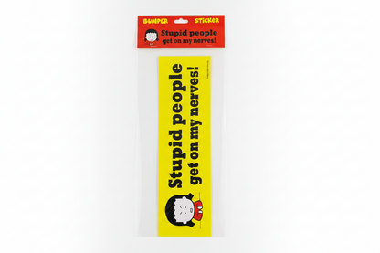 Yellow bumper sticker with text and a cartoon character in packaging on a white background