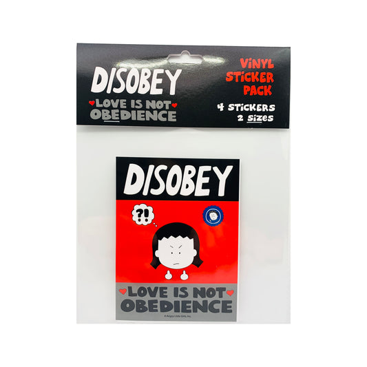 Packaged vinyl sticker set with 'DISOBEY' and 'Love is not obedience' design.