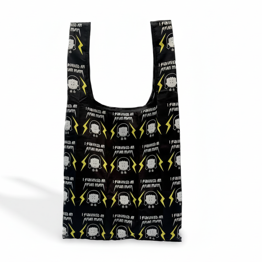 Reusable bag with a black background and yellow and white text and graphics on a white background