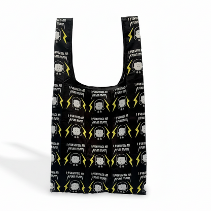 Reusable bag with a black background and yellow and white text and graphics on a white background