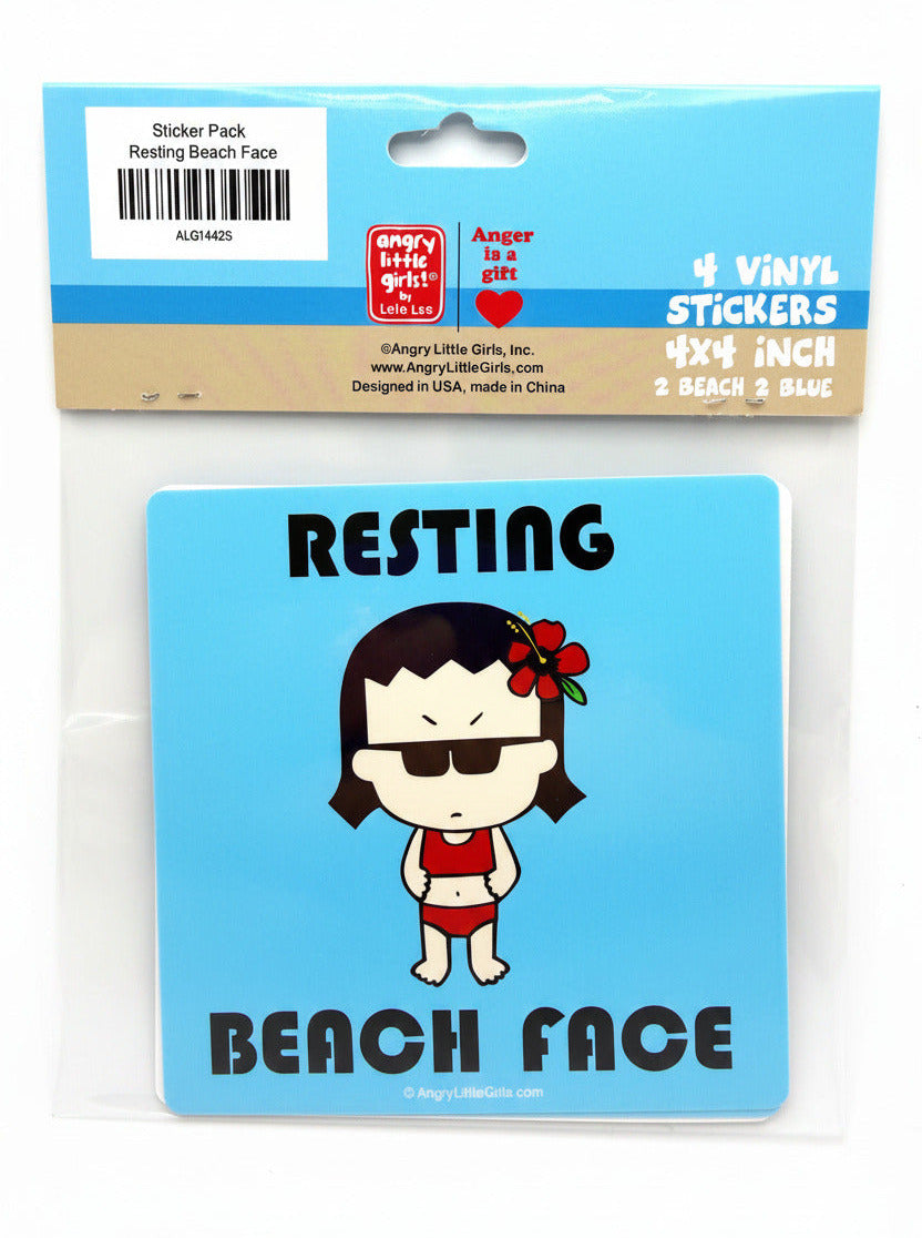 Packaging of a sticker with cartoon character and text 'Resting Beach Face' on a white background