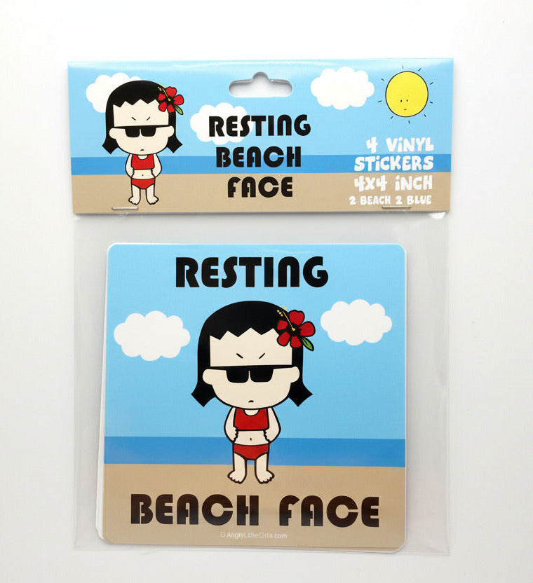 Packaging of 'Resting Beach Face' stickers with a cartoon character on a white background