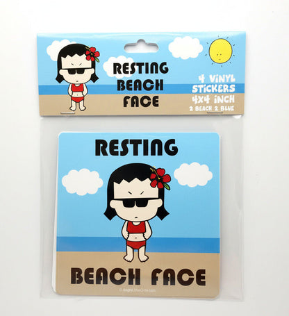Packaging of 'Resting Beach Face' stickers with a cartoon character on a white background