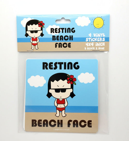 Packaging of 'Resting Beach Face' stickers with a cartoon character on a white background