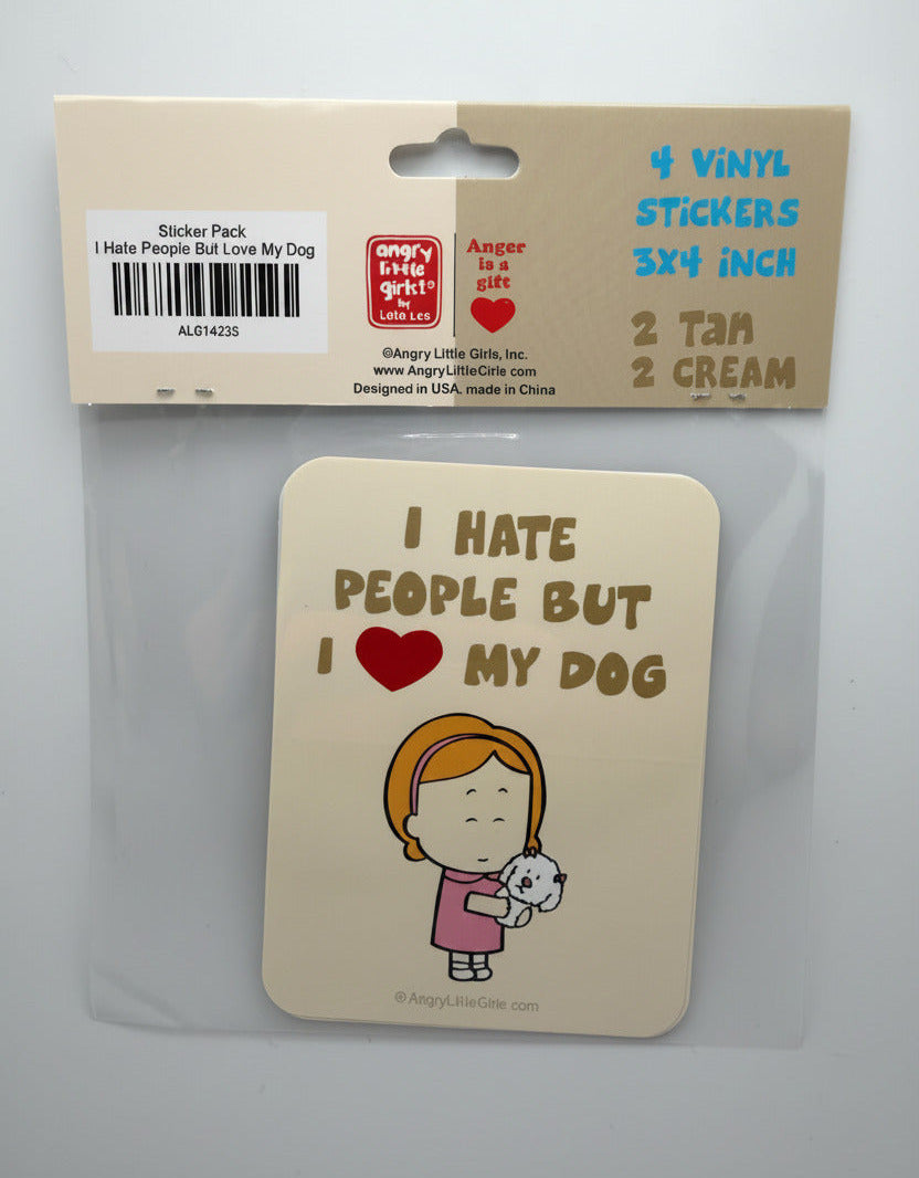 Card with 'I hate people but my dog' text and cartoon design, next to its packaging on a light gray background.