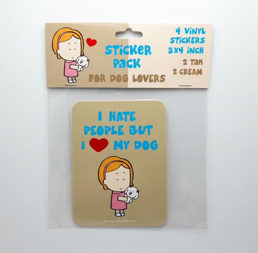 Sticker pack for dog lovers with a card featuring text and a cartoon dog illustration on a white background.