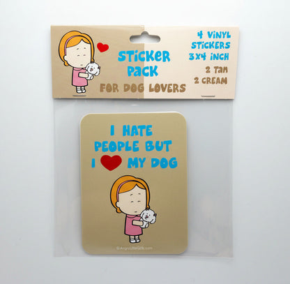 Sticker pack for dog lovers with a card featuring text and a cartoon dog illustration on a white background.