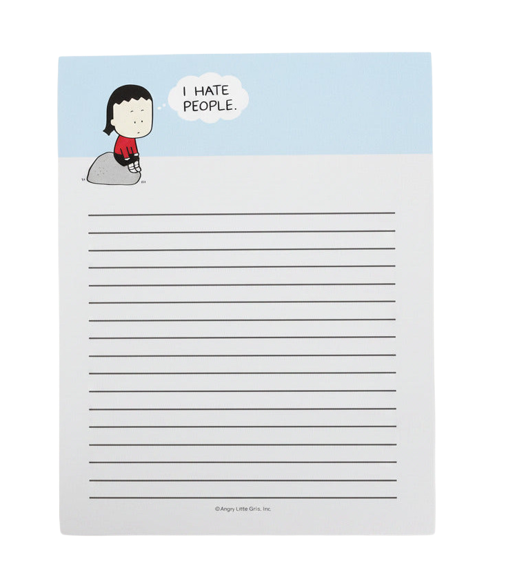 A lined notepad with a light blue header featuring a cartoon girl sitting on a rock and the text 'I HATE PEOPLE.' The rest of the page has horizontal lines on a white background.
