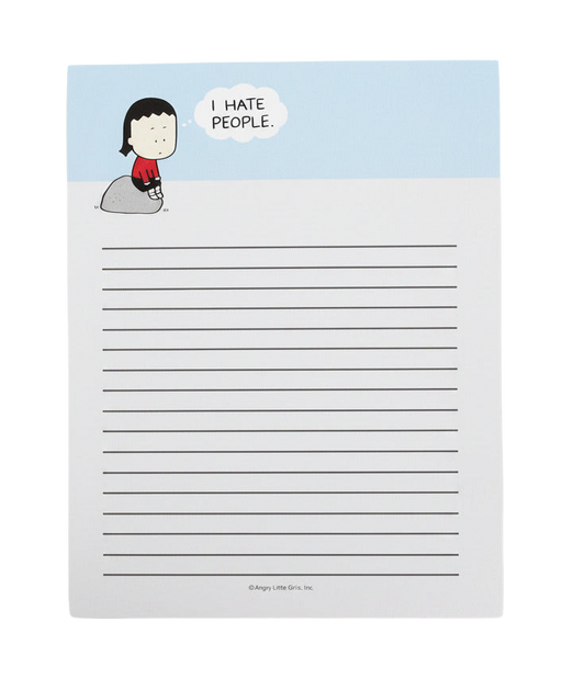 A lined notepad with a light blue header featuring a cartoon girl sitting on a rock and the text 'I HATE PEOPLE.' The rest of the page has horizontal lines on a white background.