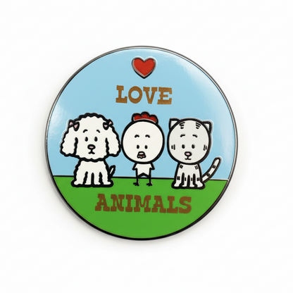 A round enamel pin with a blue background featuring cartoon animal characters of Patsy the pup, dog, Chuy the Chicken and Percy the cat, and the text 'LOVE ANIMALS'.