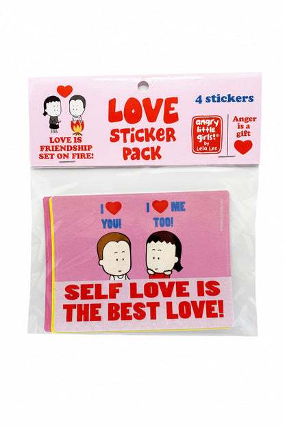 Love sticker pack with cartoon illustrations and text on a white background