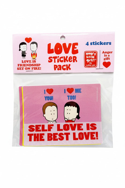Love sticker pack with cartoon illustrations and text on a white background