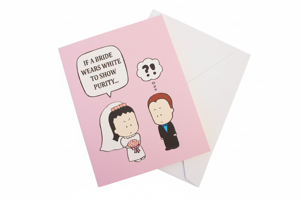 Card with cartoon bride and groom illustration and humorous text on a pink background