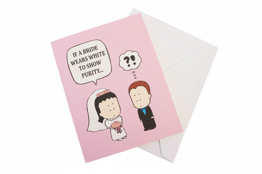 Card with cartoon bride and groom illustration and humorous text on a pink background