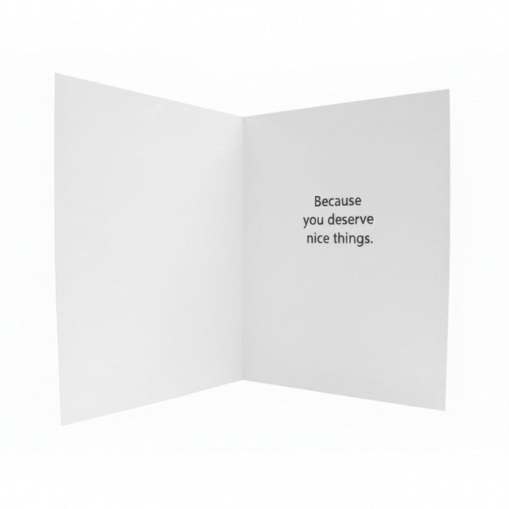 Open beige card with black text on a white background