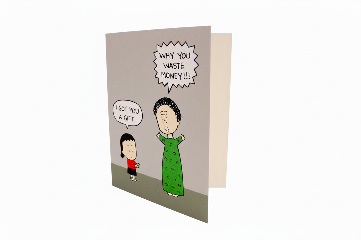 Card with cartoon illustration of a woman and child, featuring text bubbles, on a white background.