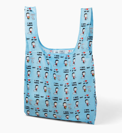 This high quality, rip stop nylon shopper bag with an all over pattern of "I Hate People, but I Love My Cat," is extra large and sturdy. It can be folded into its pocket so you can neatly and conveniently carry this shopper bag in your purse or car. Approximately 25 inches tall by 15 inches wide. When folded into its pocket, it measures 5 x 4.5 inches.