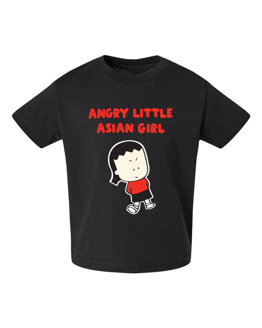 Black t-shirt with 'Angry Little Asian Girl' text and cartoon character on a white background