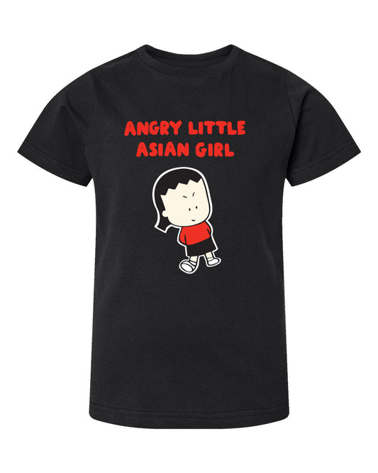 Black t-shirt with 'Angry Little Asian Girl' graphic design on a white background