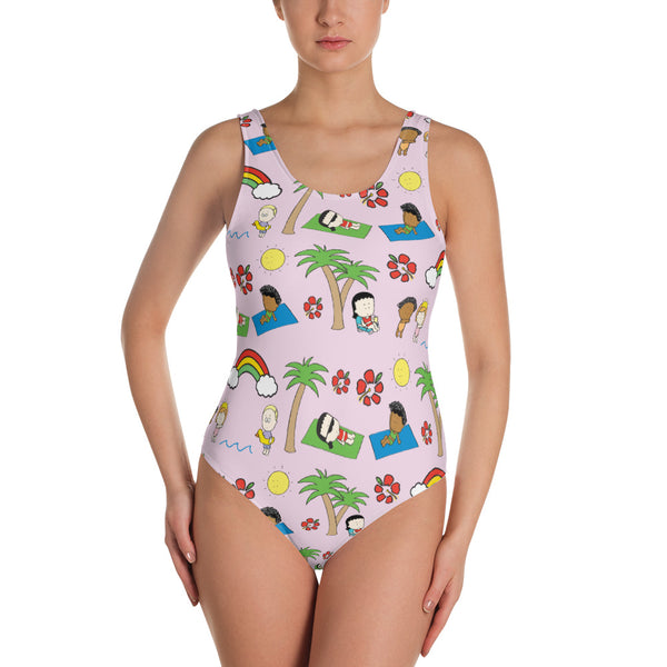 Pink Angry Little Girls Beach Pattern One-Piece Swimsuit