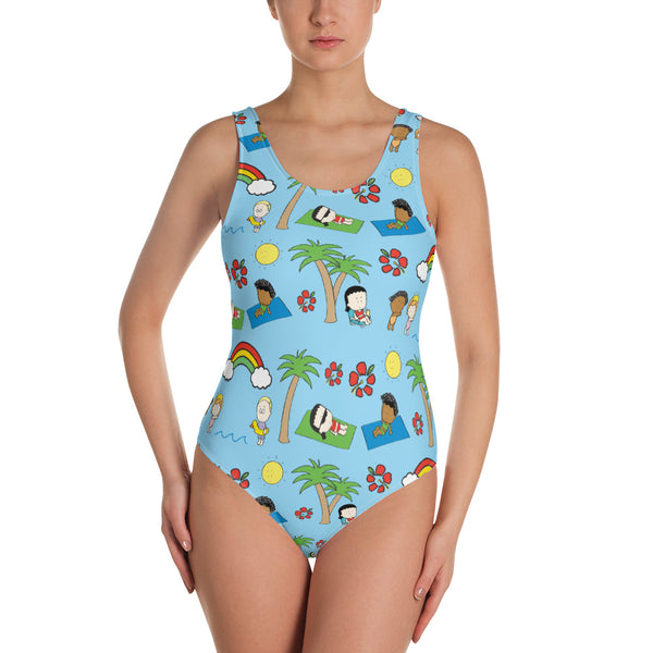 Blue Angry Little Girls Beach Pattern One-Piece Swimsuit